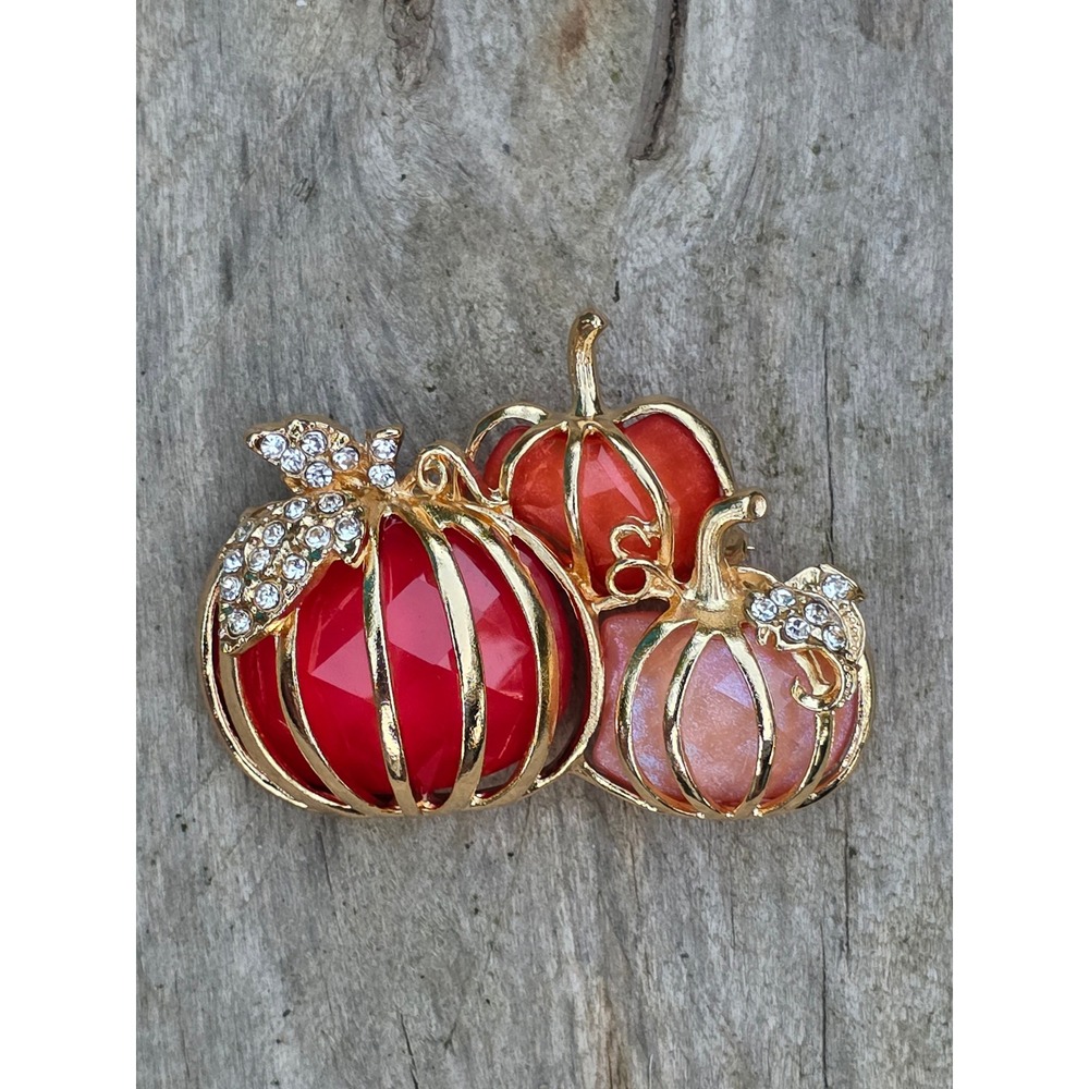 Gold Tone Red Orange Peach Resin Pumpkin Trio Brooch Rhinestone Fall Harvest Pin